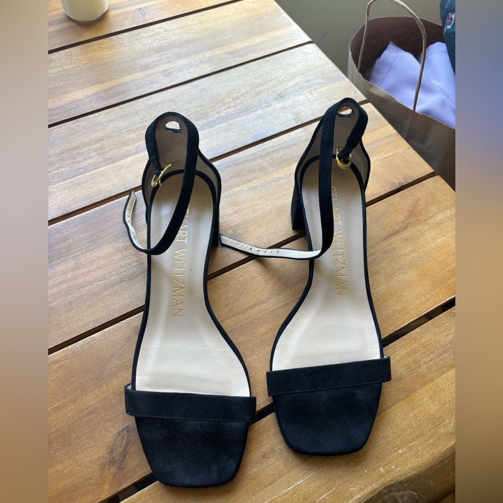 Stuart Weitzman Black and Nude Suede Amelina Ankle Strap Heel Sandals Size 7